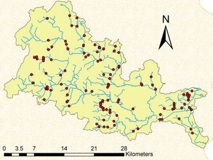 Pyke basin river network and mapped barriers. 